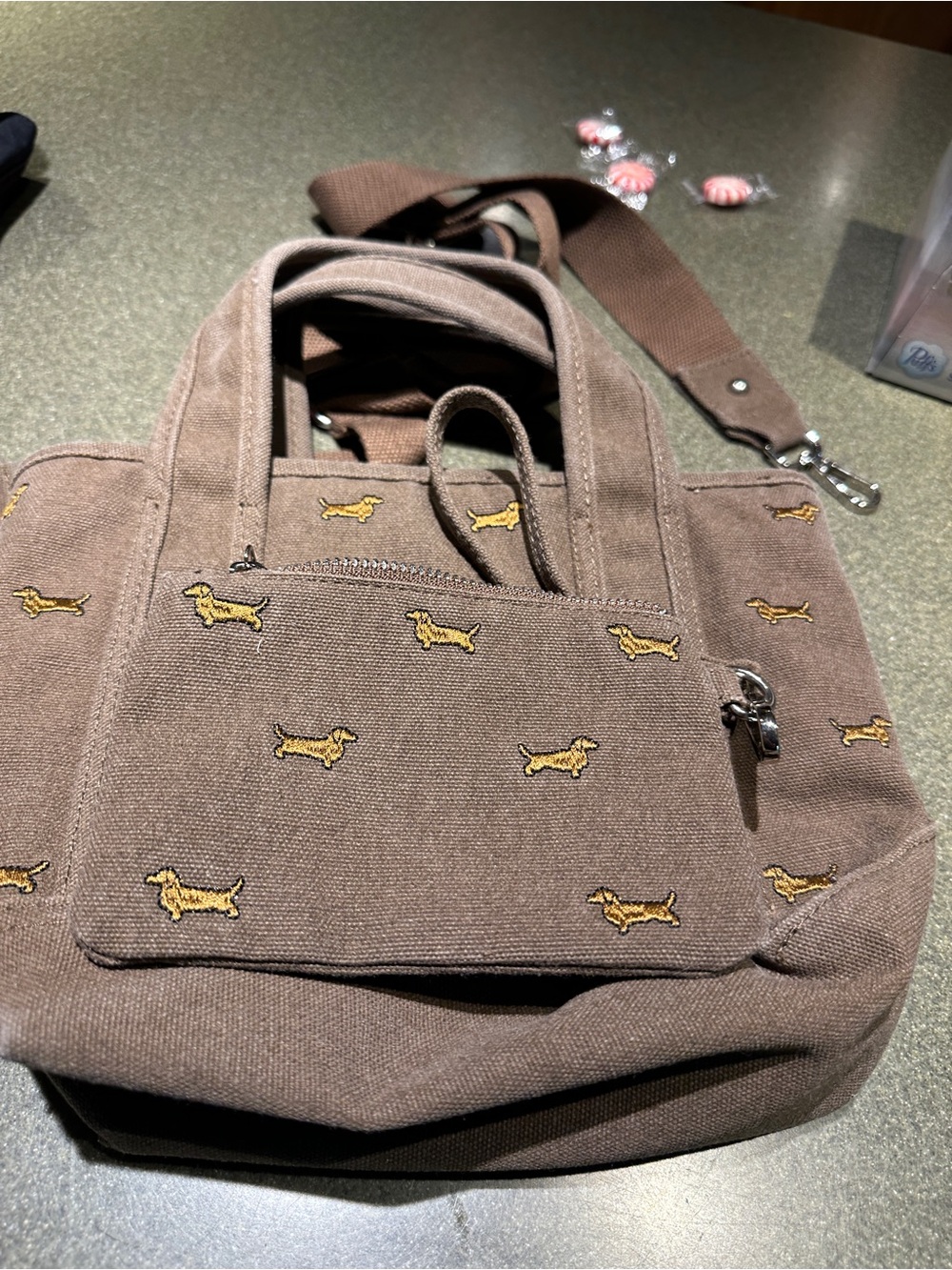 Madden Girl Brown Canvas Mini Tote with Dog Charm - Picture 3 of 8